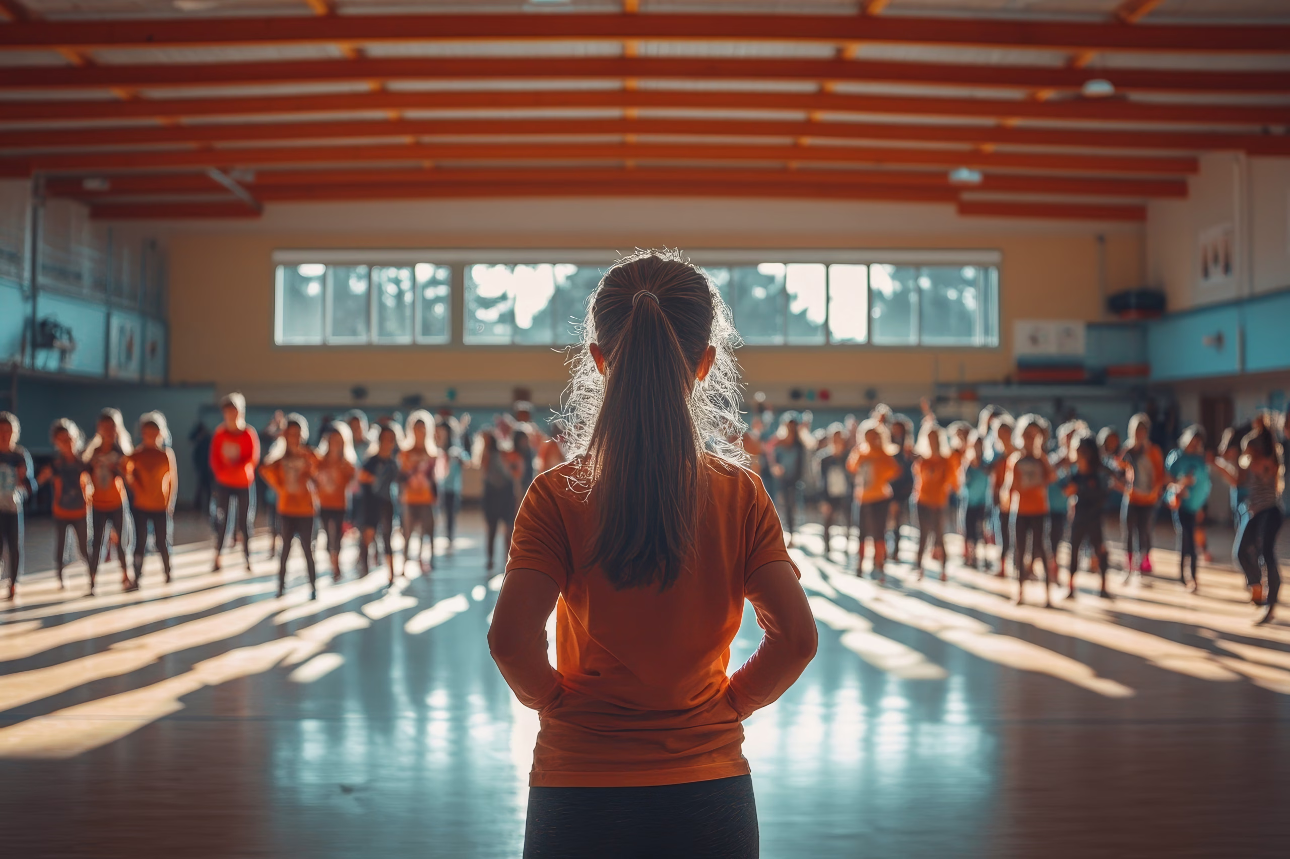 Rear view of coach and her students warming up during physical education at elementary school gym. Generative AI